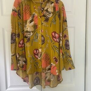 Free people yellow floral, satin oversized, button down blouse size extra small